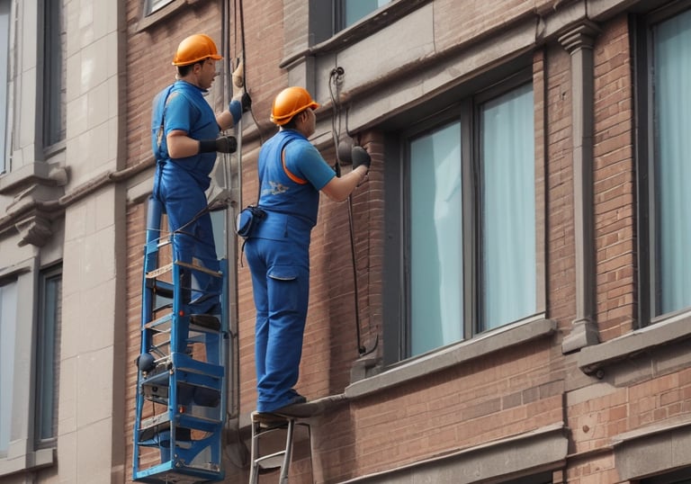 A person wearing bright orange work clothes is cleaning indoors, holding a mop. They have a fanny pack and are walking toward a tiled wall.