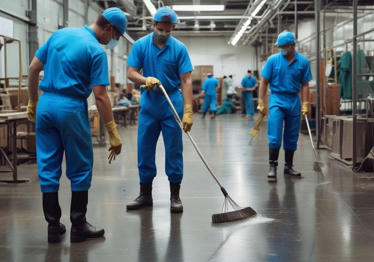 A person wearing bright orange work clothes is cleaning indoors, holding a mop. They have a fanny pack and are walking toward a tiled wall.