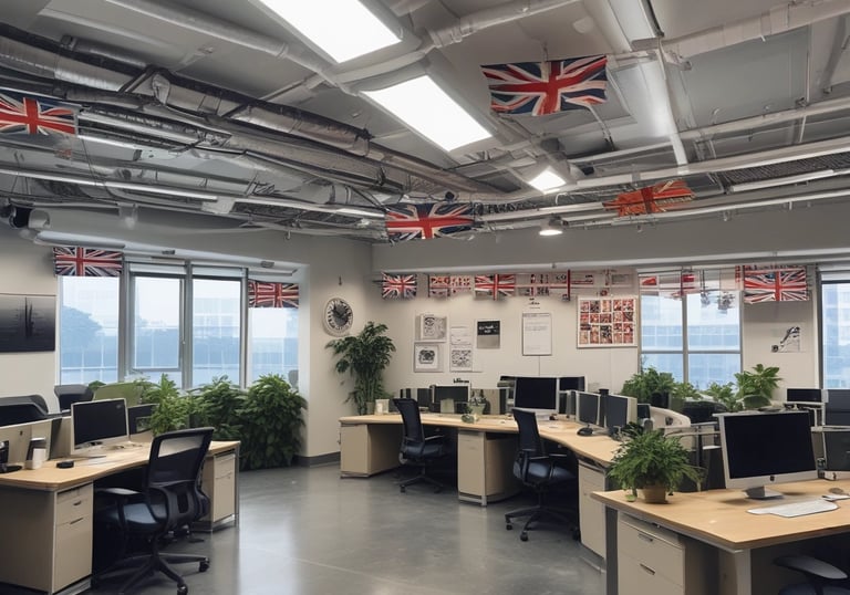 A modern office space with rows of desks, each equipped with computer monitors and office chairs. There are Indian flags hanging from the ceiling. The desks have various items on them, including sticky notes, water bottles, and some personal items. Plants are hanging from the ceiling, adding a touch of greenery. The word 'swipe' is displayed on the wall.