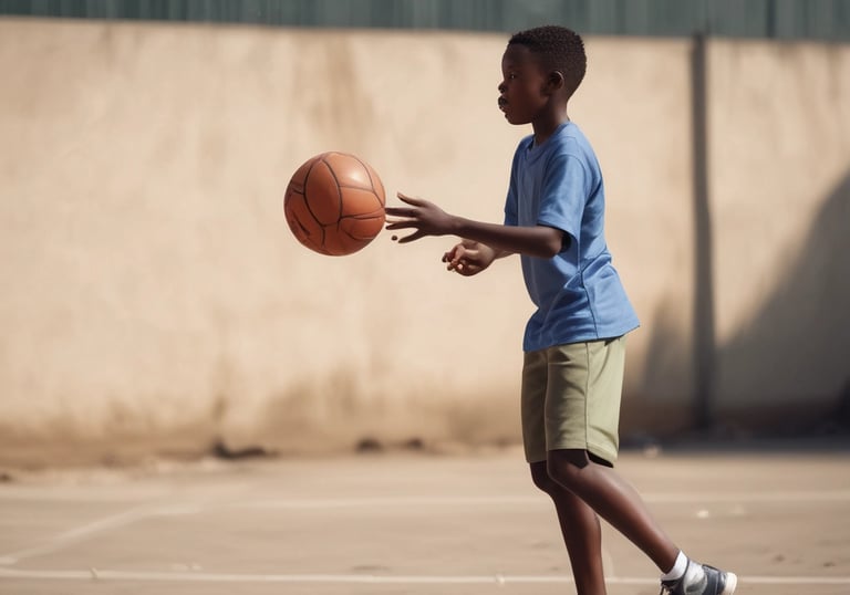 A young basketball player in a blue and white uniform holds a basketball while in an athletic stance. Smoke surrounds the scene, creating a dramatic atmosphere on the court. Another basketball can be seen resting in the background.