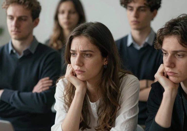 Bored college students looking tired and disinterested during a lecture in a classroom setting.