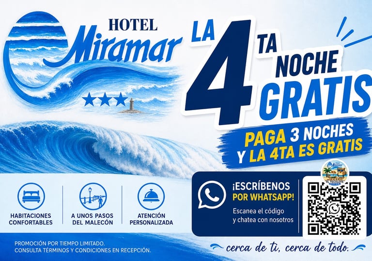 Promoción de hotel en La Paz Baja California Sur: reserva 4 noches y paga solo 3 en Hotel Miramar.