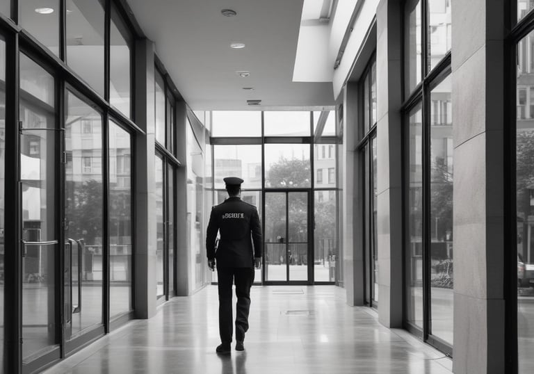 A professional security officer patrolling a building