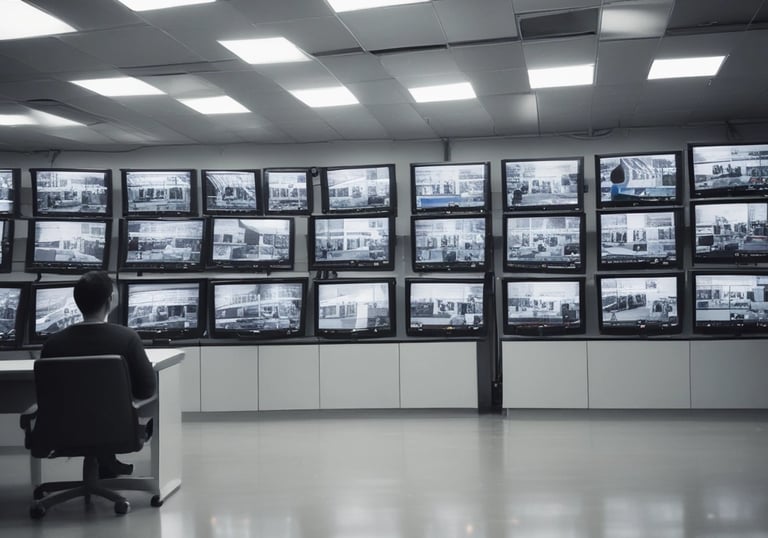 a man sitting at a desk with a lot of monitors