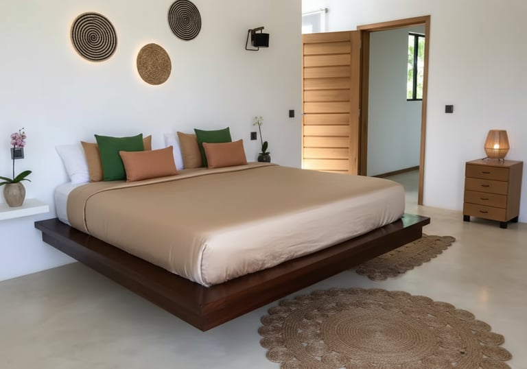 a bed with a large bed and a rug