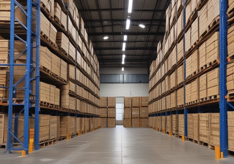 A delivery truck parked outside a distribution center, ready for loading and dispatch.