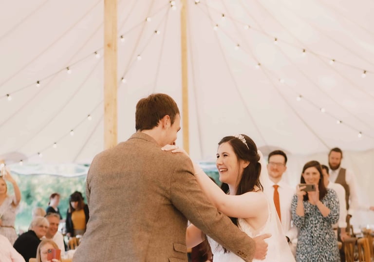 Wedding guests photographing bride and groom during their first dance