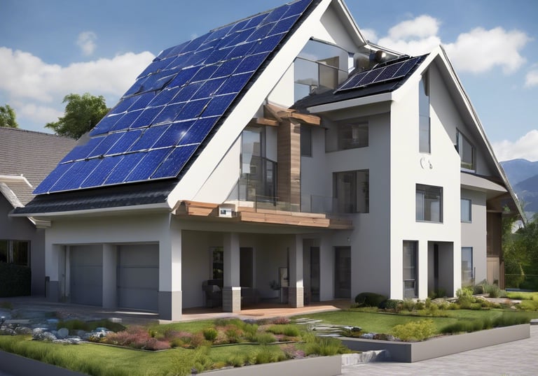 a red house with solar panels on the roof