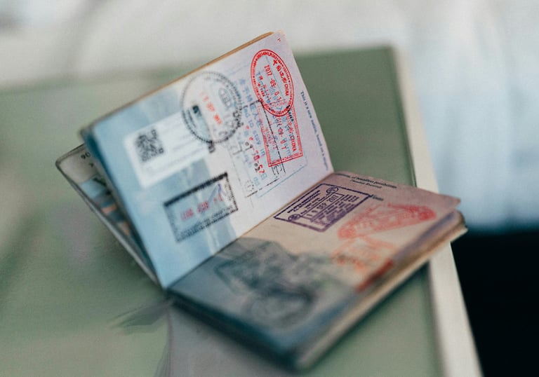 Passport's visa page is open and a lot of visa stamps are there