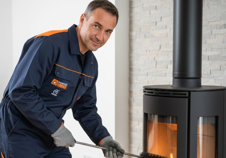 Ramoneur certifié COSTIC de Ramonage Direct intervenant sur un poêle à bois moderne.