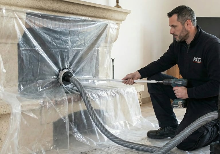 Technicien Ramonage Direct réalisant un ramonage rotatif propre avec protection étanche du foyer