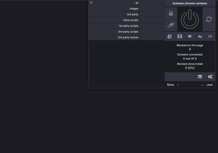 Screenshot of uBlock Origin browser extension settings dashboard with ad blocking statistics.