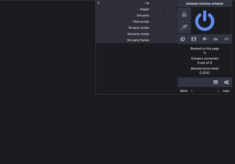 A browser extension interface for uBlock Origin showing script blocking settings and a power icon button.