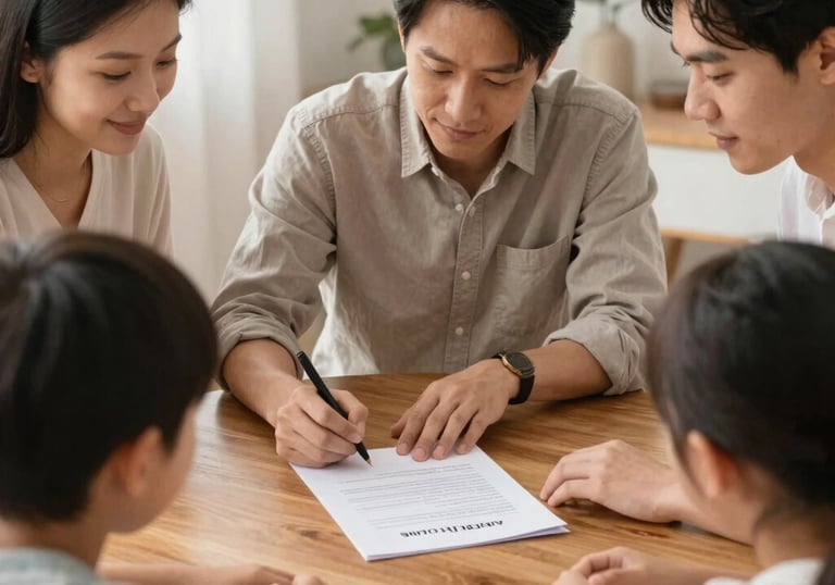 Friendly lawyer discussing family law matters with clients around a table.