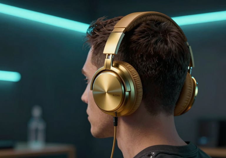 Artistic photography of a person wearing sleek metallic gold headphones in a dark room with neon cyan ambient lighting.