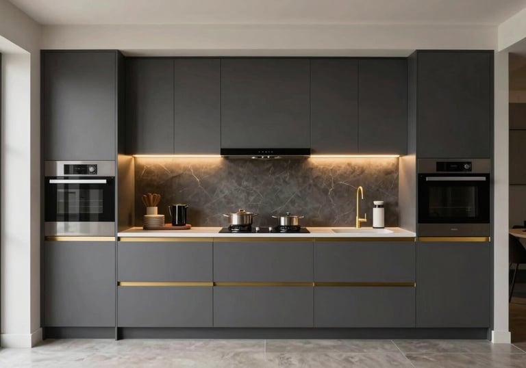 A sleek, finished modern modular kitchen project in a South Asian luxury apartment, showcasing charcoal cabinets and gold lighting.