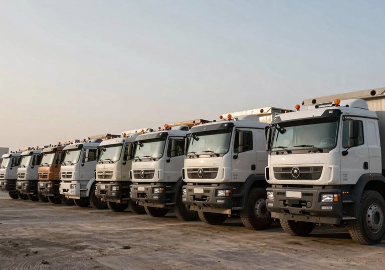 A fleet of heavy machinery trucks parked neatly at an industrial site in a Middle Eastern / Omani landscape, symbolizing strength and readiness.