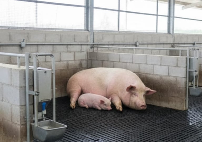 piggery , pig and piglet lying on slatted flooring