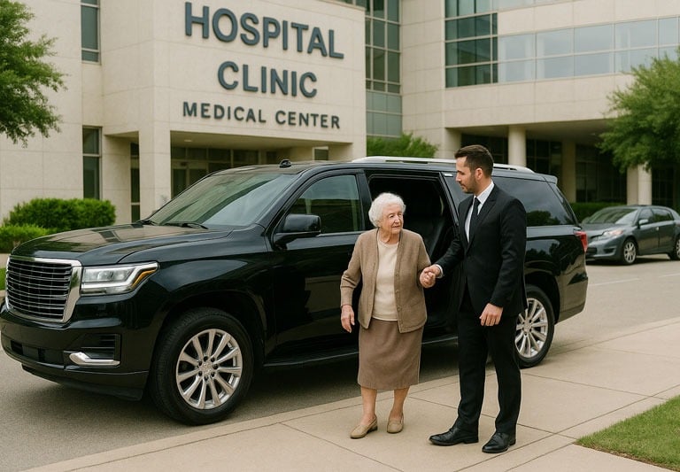 Chauffeur assisting elderly woman from black SUV at medical center for scheduled doctor visit in Houston.
