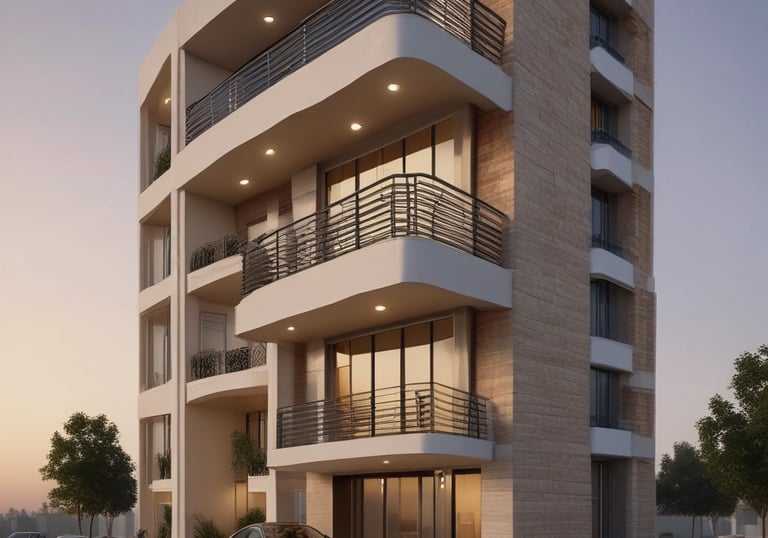 A cityscape with a real estate sign in the foreground, prominently displaying the name and phone number. Surrounding the sign are various buildings with different architectural styles, some with scaffolding and green netting. The scene features a mix of older, worn structures alongside modern glass-fronted buildings. Power lines and construction materials add to the urban complexity.