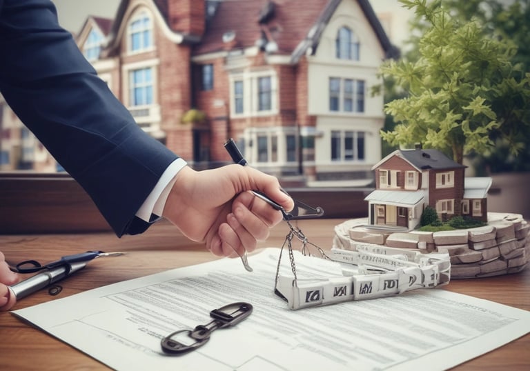 A view of the upper floors of a light-colored building with multiple windows and ornate architectural details. A red and white 'For Sale' sign with contact information is visible on the building's facade. The building is surrounded by greenery, and there are overhead utility lines. The sky above is partly cloudy with patches of blue.