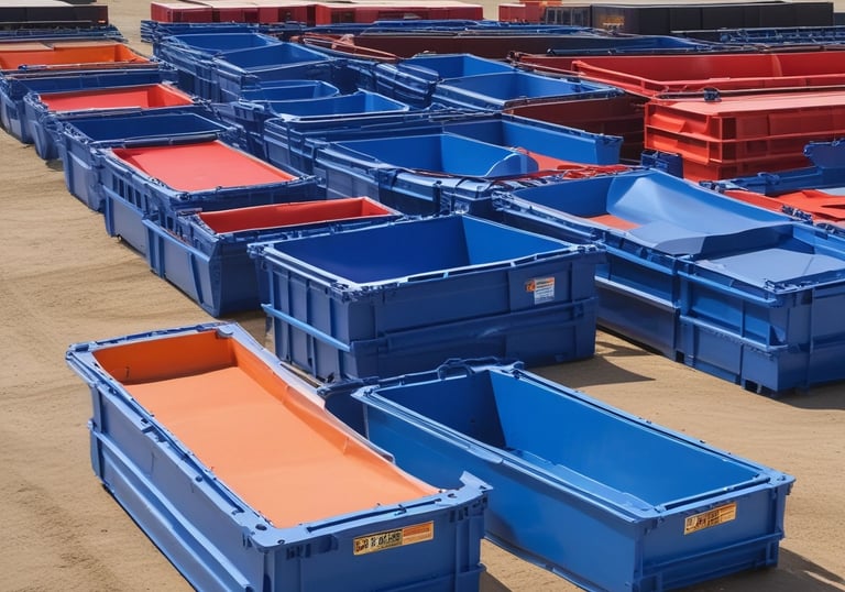 A row of green waste bins is aligned on the edge of a paved area next to a grassy slope. Above the slope, a tall communication tower is visible against a clear blue sky. A small white building with ventilation gratings is situated to the left.