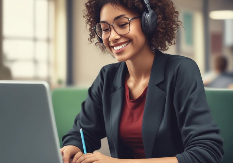 A cozy study space with books and a laptop showing AI travel academy content.