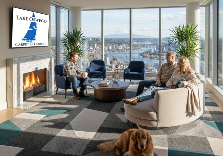 Carpet tile example with Lake Oswego Carpet Cleaning logo on the TV screen