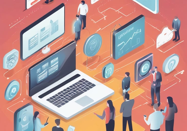 Modern office workspace with multiple screens displaying collaborative software and analytics.