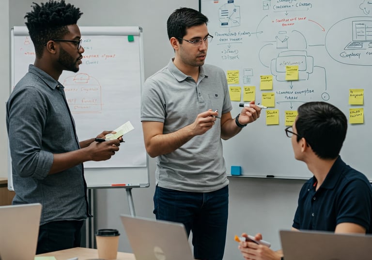 a group of people standing around a table going out the system integration steps