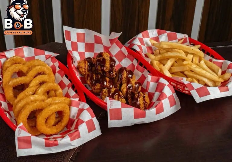 Aros de cebolla y papas a la francesa