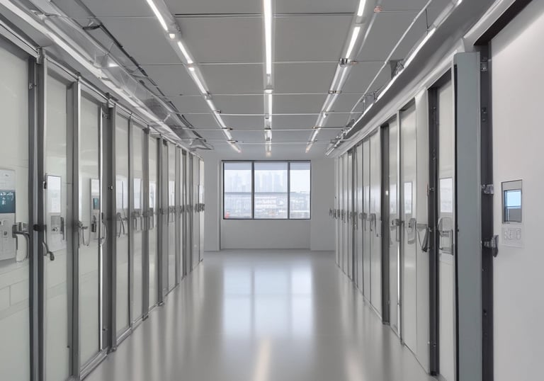 A modern architectural interior featuring multiple levels with metallic railings and a large glass ceiling. Suspended decorative elements hang from above, and various floors of retail stores are visible, including recognizable brand signs.