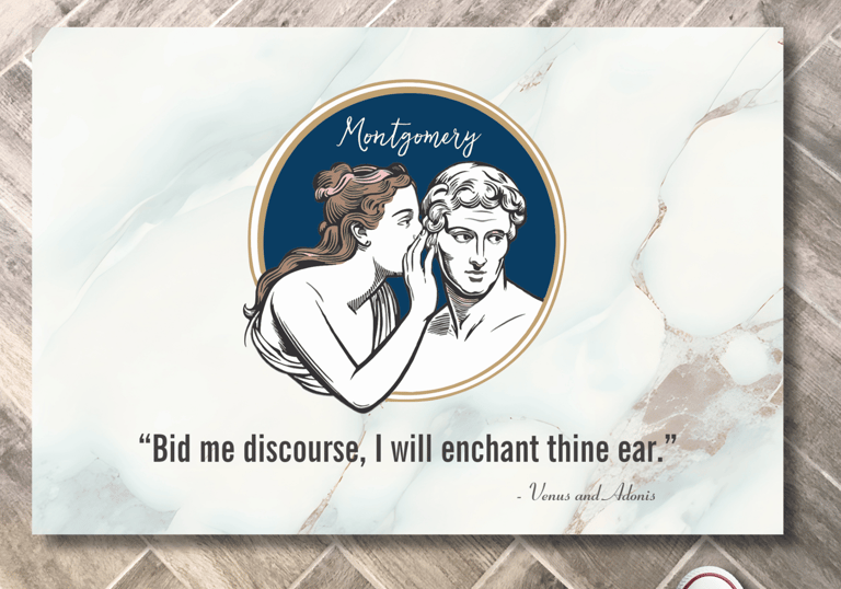 Personalized marble-style doormat showcasing Venus and Adonis with an enchanting Shakespeare quote.
