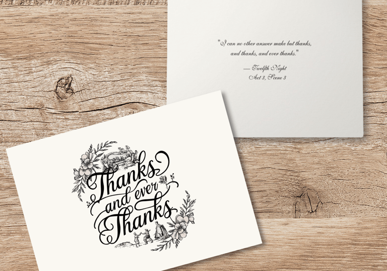 A custom thank-you card featuring the phrase “Thanks and ever thanks” with floral illustrations.