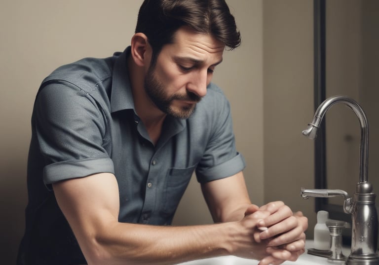 A person with messy, light brown hair is looking directly at the camera with their hand covering their mouth, appearing to bite their nails. They have an expression that suggests anxiety or stress, with furrowed brows and an intense gaze. The background is plain and neutral.