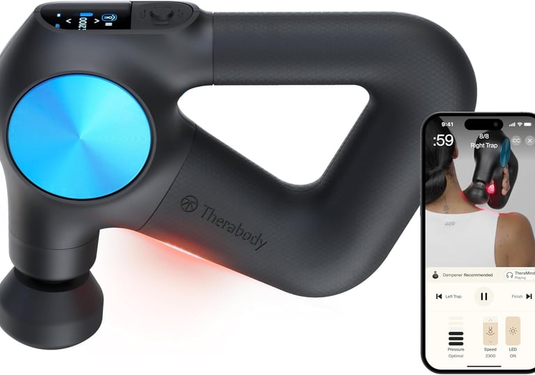 A professional-grade, gray and black Theragun PRO Plus percussion massage gun.