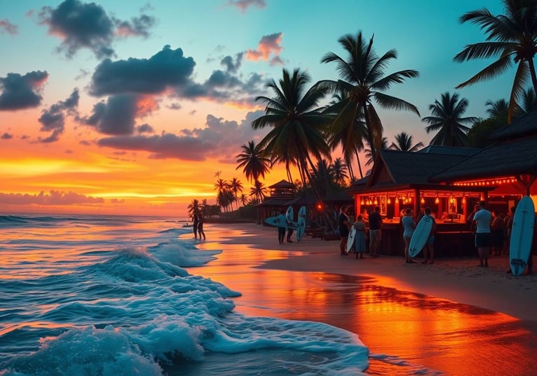 a beach with people standing on the sand