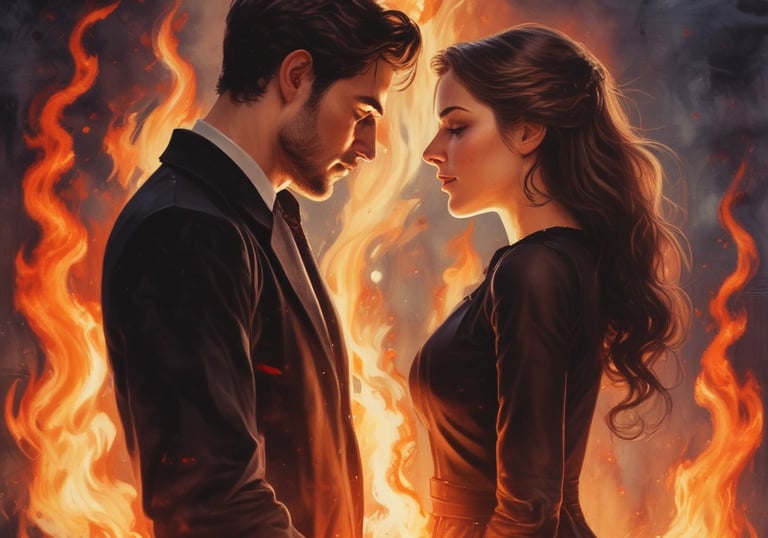 Vivid flames erupt from a fire pit, surrounded by individuals engaged in a ritual. They wear traditional attire and seem to be participating in a spiritual or religious ceremony.