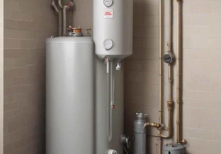 A vertical pipe with a curved elbow joint is affixed to a plain, peach-colored wall. The pipe is dark, possibly made of metal, and seems to be secured to the wall with small bolts.