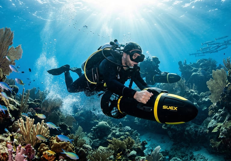 A scuba diver in full gear accelerating through a coral reef on a black SUEX DPV during a PADI Diver