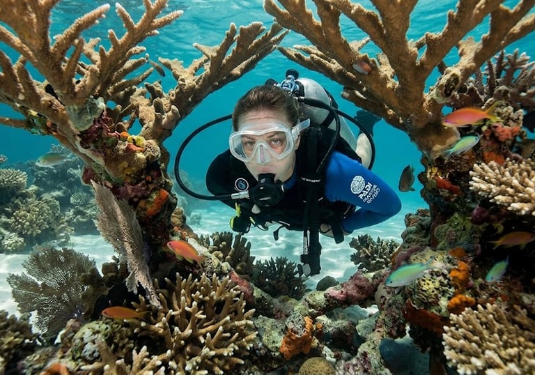 A female scuba diver swims through a vibrant coral reef arch surrounded by tropical fish.
