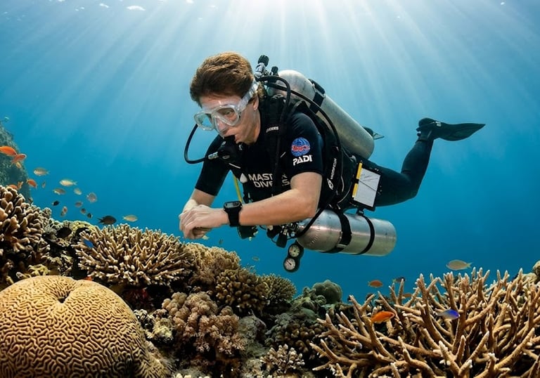 A scuba diver explores a vibrant coral reef with tropical fish under bright ocean sunbeams.