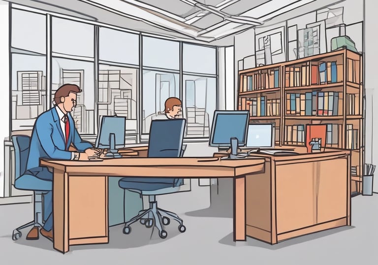 A laptop displaying a software development interface is placed on a granite countertop. Next to the laptop is a closed notebook and a pen. In the background, a sofa and a large window can be seen, providing a contrast between the focused workstation and the casual home setting.