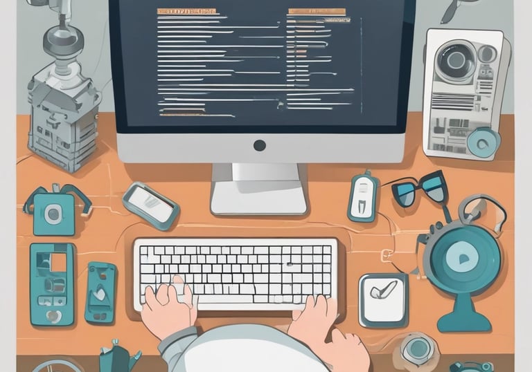 A black and white image of a laptop on a desk displaying a design software with a simple line illustration. There are two monitors in the background and a keyboard on the desk. Papers with printed text are partially visible in the foreground.