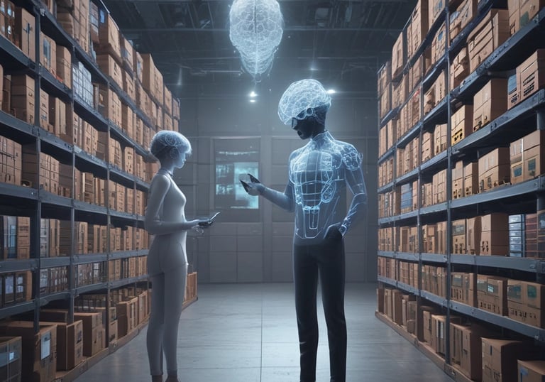 A warehouse aisle with tall metal shelves filled with stacked boxes and pallets. The perspective is low to the ground, highlighting the yellow safety lines painted on the floor. The environment seems organized and industrial, with a focus on storage and logistics.