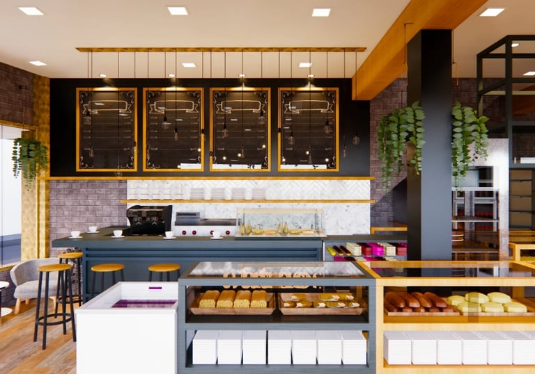 restaurante e padaria industrial interiores arquitetura