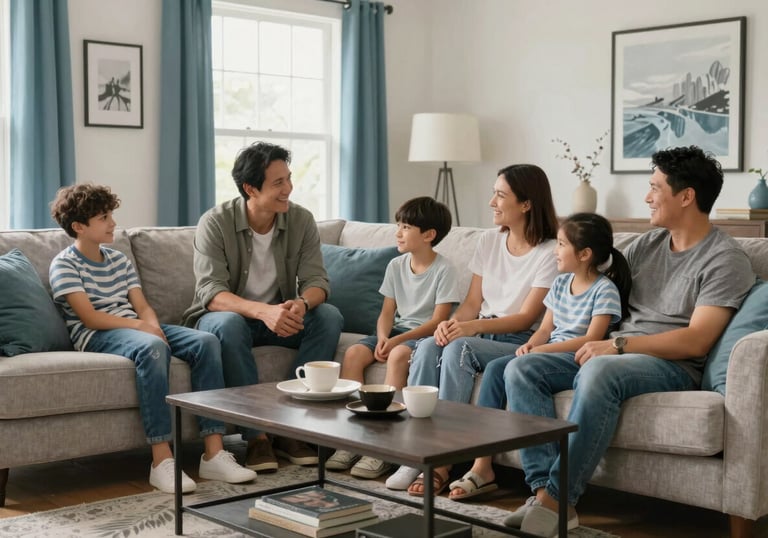 A happy family relaxing in a bright, airy North American / US living room, enjoying the cool air, with steel blue decor accents.