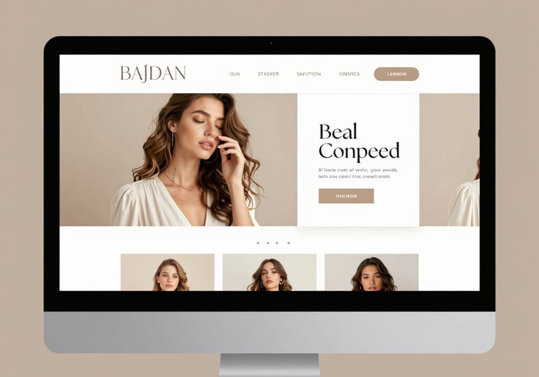 A sleek, modern laptop displaying a vibrant, feminine website with pink and gold accents on a dark blue background.