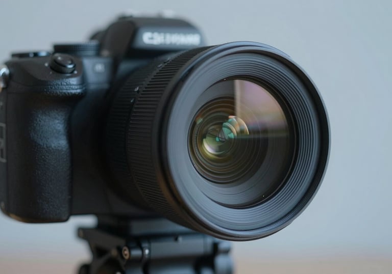 Close up of a professional 4K camera lens with studio lights reflecting in the glass, highlighting the precision and cutting-edge tech. Modern style, cool lighting (#6DA4BF).