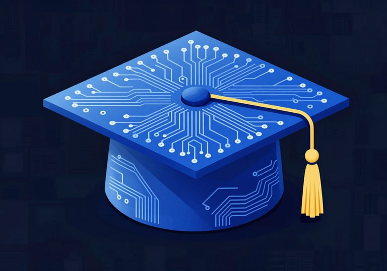 A digital illustration of a graduation cap combined with a circuit board, using #2C5F6F and #F5F8FA, representing technology-driven EdTech content production.